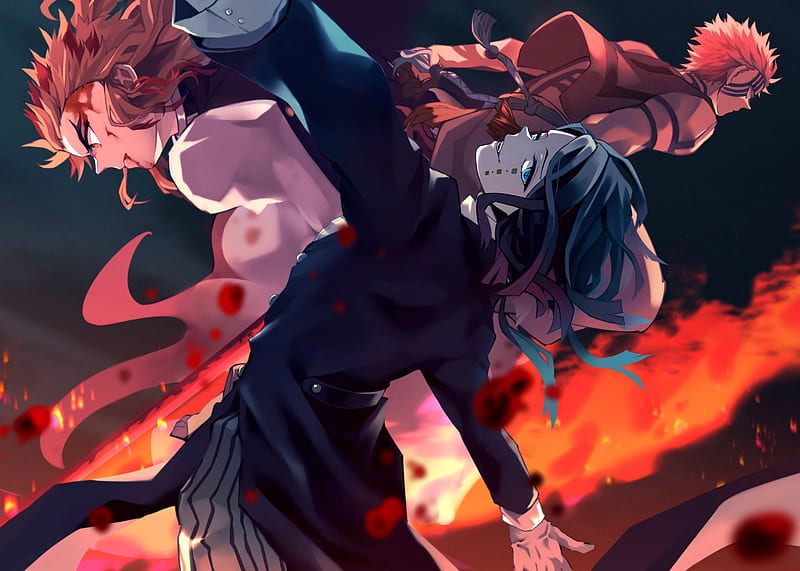 Anime, Demon Slayer: Kimetsu no Yaiba - The Movie: Mugen Train, Akaza (Demon Slayer: Kimetsu no Yaiba) , Enmu (Demon Slayer) , Kyojuro Rengoku, HD wallpaper
