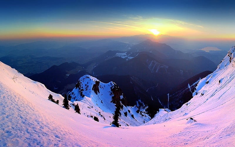 Sunrise Vysoke Tatry, snow, slovakia, mountains, sunrise, sky, vysoke tatry, winter, HD wallpaper