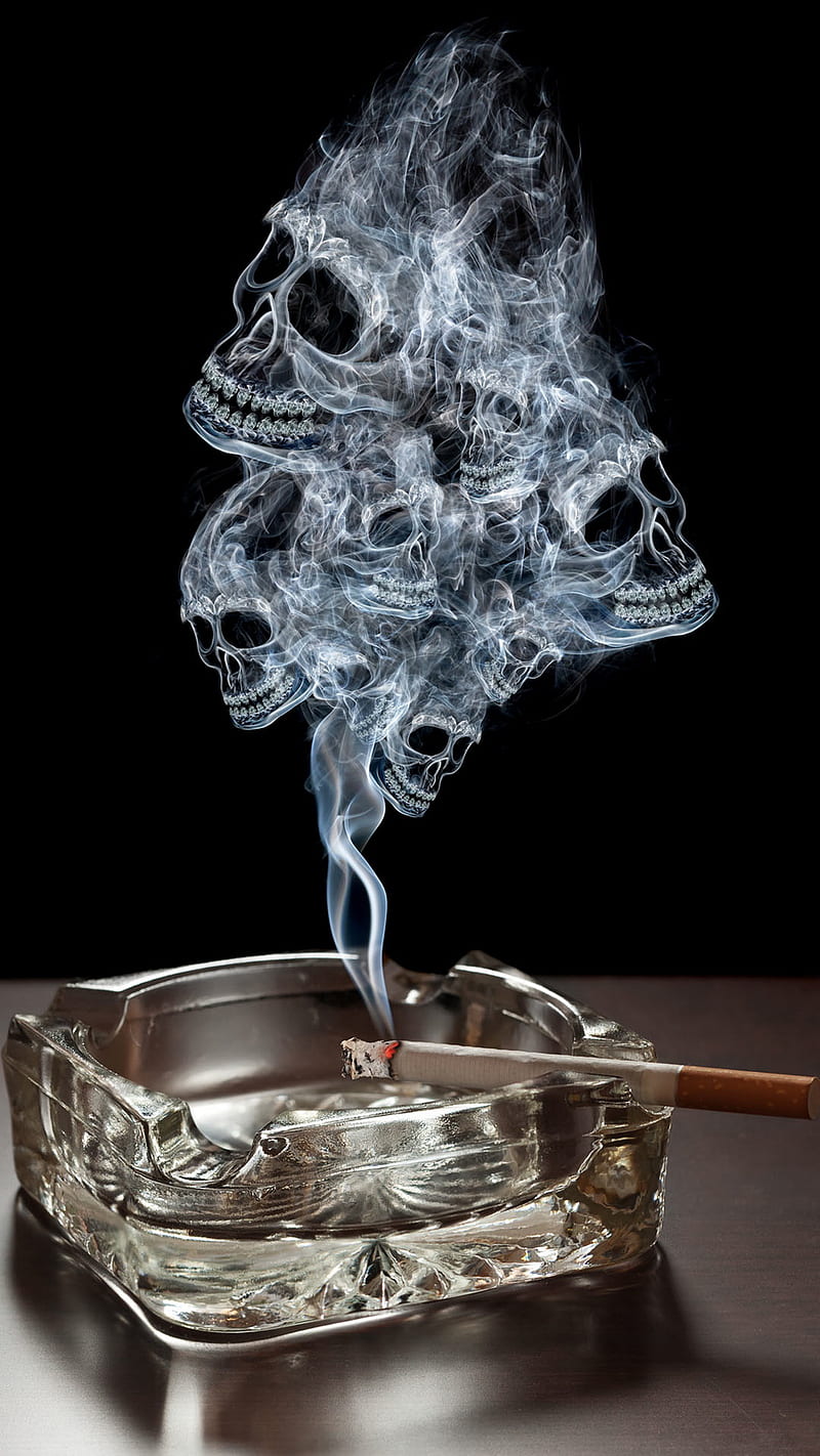 Burning-Cigarette, ashtray, burning, cigarette, lockscreen, skulls, smoke, HD mobile wallpaper