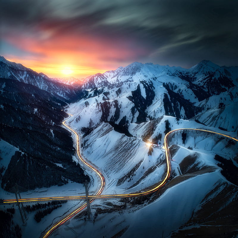 mountains, road, aerial view, sunset, landscape, HD phone wallpaper