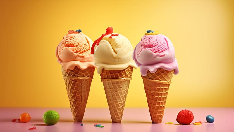 Ice cream, Waffle cone, Trio, Candy, Waffle corn, Yellow background, Dessert, HD wallpaper