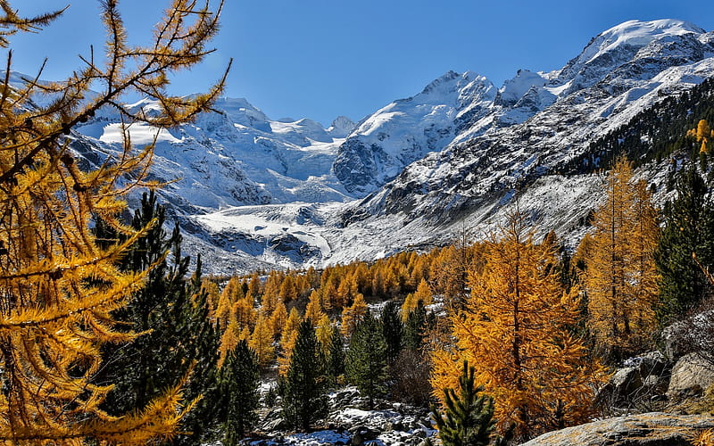 mountain landscape, winter, snow, mountains, Bernina Range, Alps, Morteratsch Glacier, Switzerland, HD wallpaper