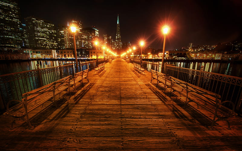 Embarcadero pier, nightscapes, San Francisco, California, american cities, USA, America, HD wallpaper
