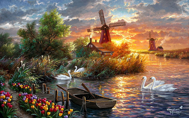 Holland in Spring, windmill, sunset, sky, clouds, trees, swans, artwork, boat, painting, flowers, river, tulips, HD wallpaper
