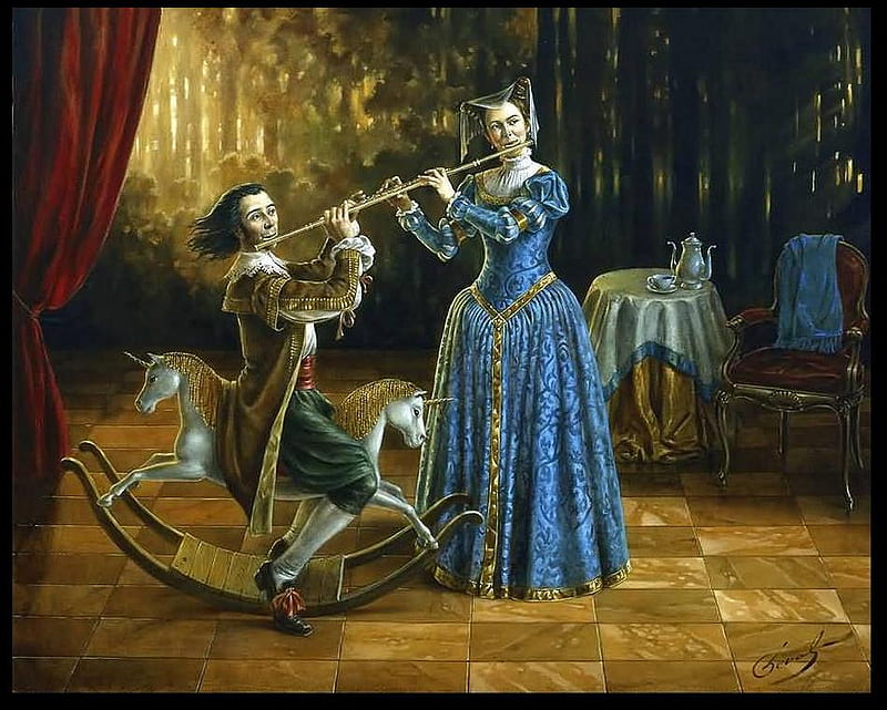 Michael Cheval art, art, music, surrealism, toy, man, horse, woman, blue dress, two, painting, flute, michael cheval, HD wallpaper