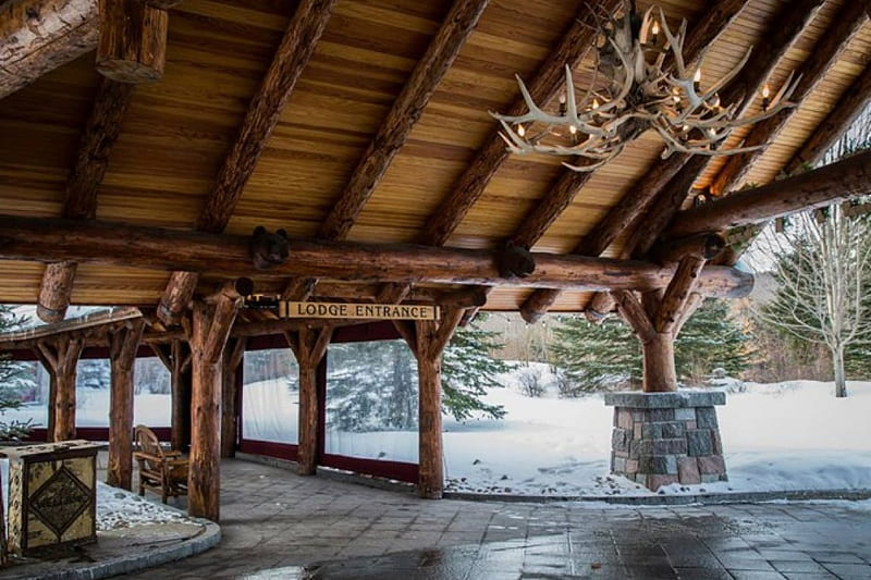 Whiteface Lodge, logs, Snow, deer antler, Hotel, wood, Winter, HD wallpaper