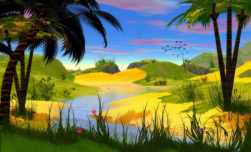 ✼.Paradise in Dreams.✼, pretty, colorful, stunning, splendid, grass, dreams, bonito, digital art, clouds, nice, paintings, waterscapes, green, landscapes, best, flowers, scenery, animals, lovely, colors, birds, places, butterflies, sky, trees, cute, cool, paradise, plants, flying, nature, HD wallpaper