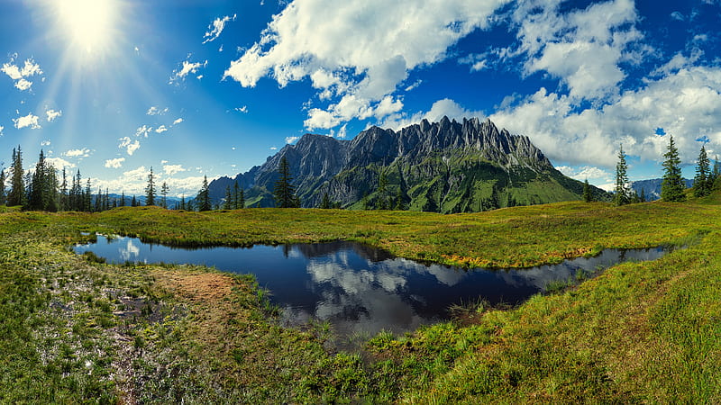 Mountain Under Cloudy Blue Sky With Reflection On Pond With Sunbeam Nature, HD wallpaper