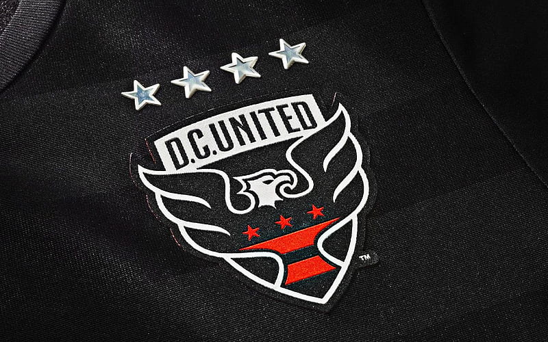 DC United, American soccer club, Washington, USA, emblem on a black background, logo, MLS, football, black texture, HD wallpaper