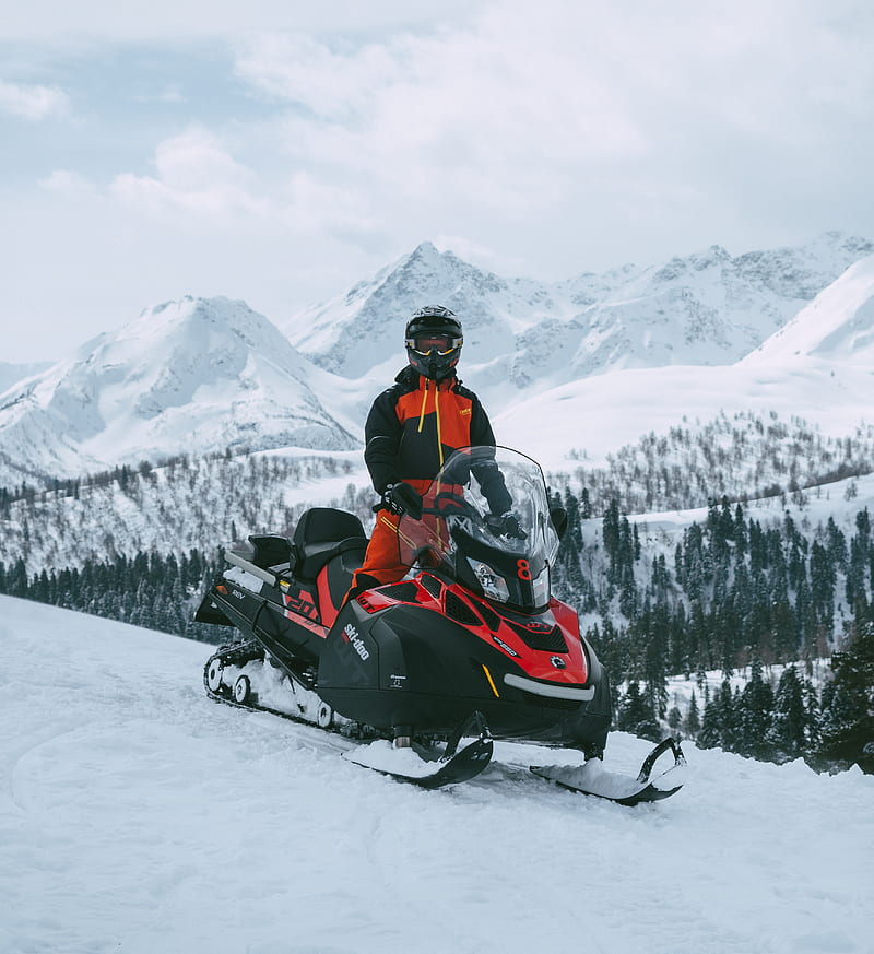 man, snowmobile, helmet, slope, snow, HD phone wallpaper