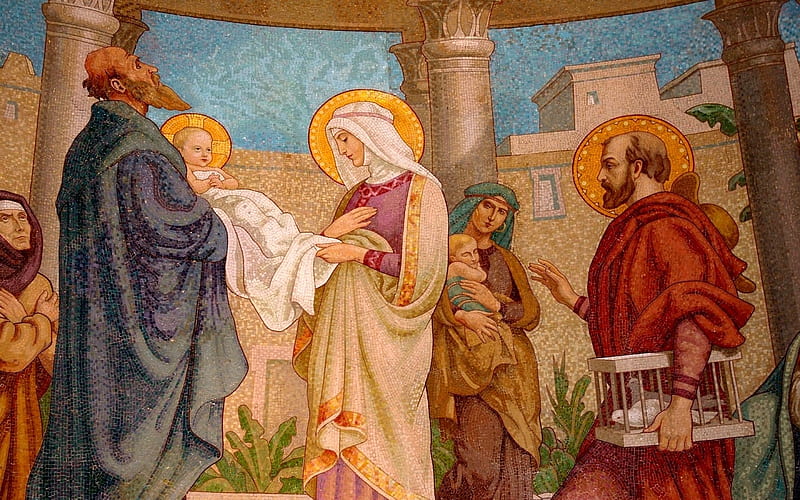 Presentation in Temple, Baby, Anna, temple, mosaic, Simeon, Jesus, Mary, Josaph, HD wallpaper
