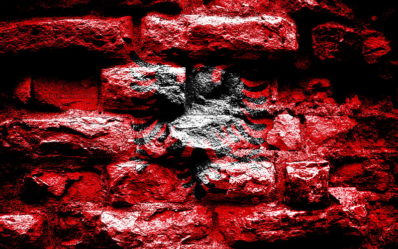 Albania flag, grunge brick texture, Flag of Albania, flag on brick wall, Albania, Europe, flags of european countries, HD wallpaper