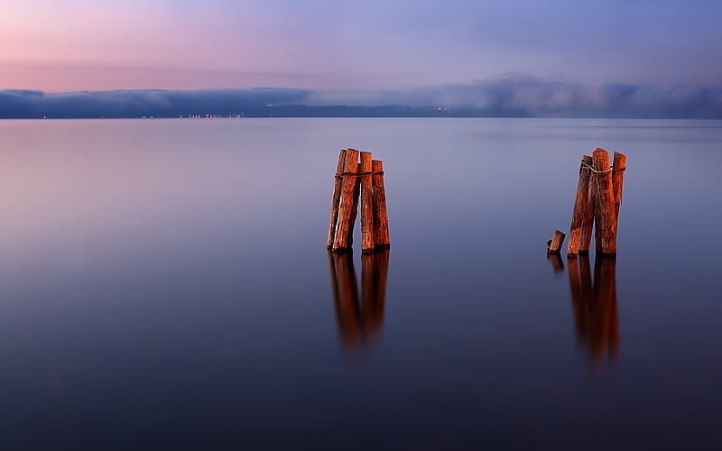 Wood piles on a calm lake-Natural scenery, HD wallpaper