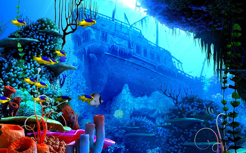 UNDERWATER BEAUTY, underwater, indigodeep, fish, sunken boat, ocean, coral reef, HD wallpaper