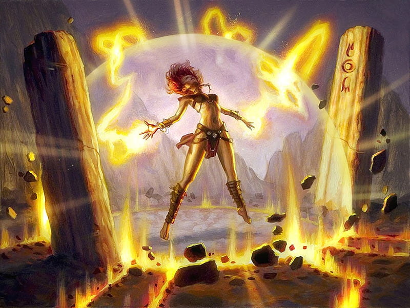arcane teachings, fire, fantasy, barrier, girl, magic, HD wallpaper