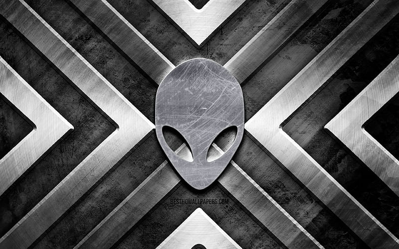 Alienware metal logo gray metal background, brands, metal arrows, Alienware logo, creative, Alienware, HD wallpaper