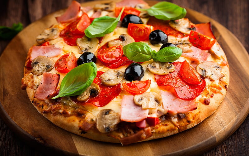 Pizza, plate, food, cheese, HD wallpaper