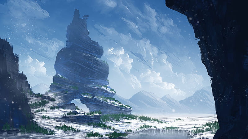 rocks, mountains, snow, snowy, art, HD wallpaper