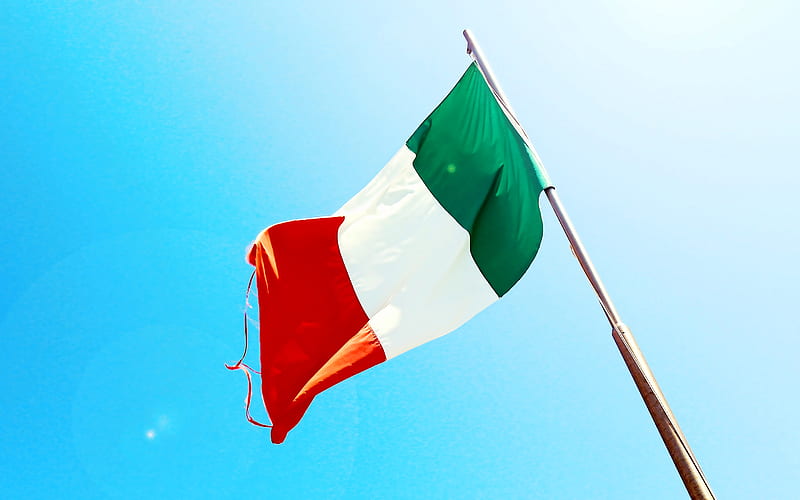Flag of Italy on a flagpole, blue sky, Italian flag, national symbol, Italy, Flag of Italy, HD wallpaper