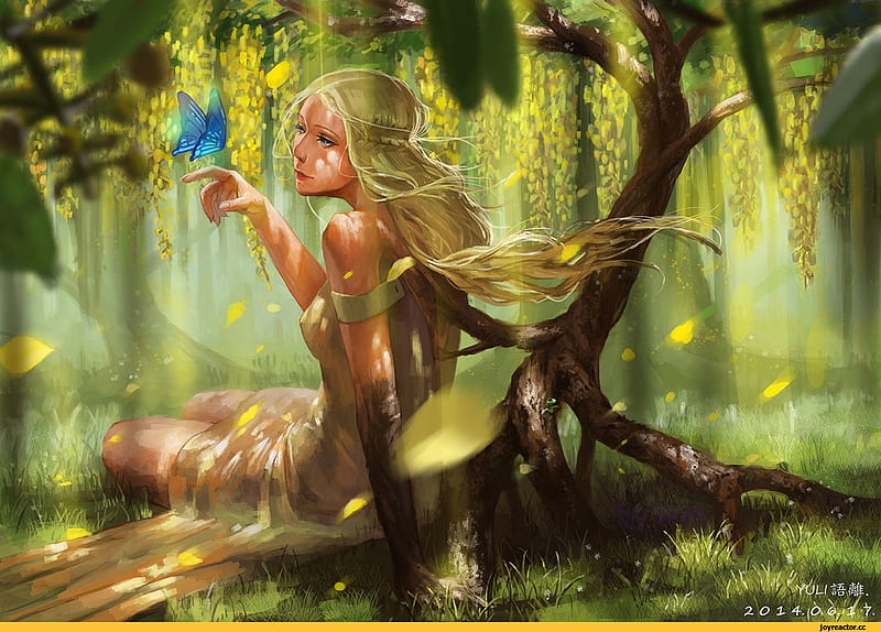 Fantasy girl, forest, fantasy, luminos, girl, green, elf, hand, fairy, wings, HD wallpaper