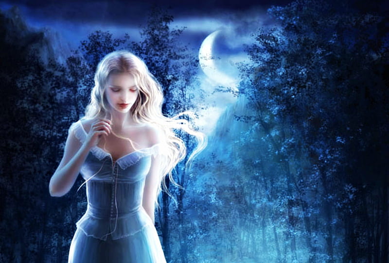 Under the moon, art, dress, sonia verdu, blonde, woman, fantasy, moon, girl, dark, blue, night, HD wallpaper