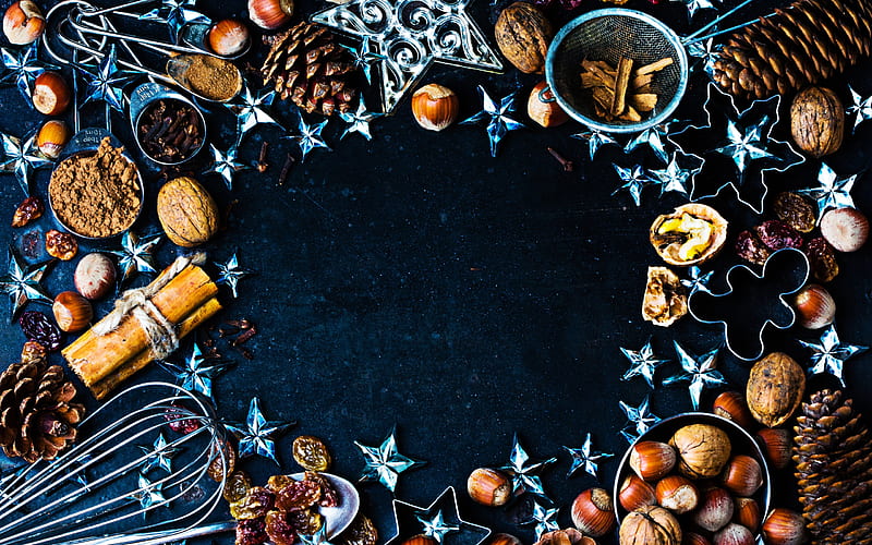 Christmas frame, cinnamon, stars, nuts, blue background, new year, christmas, Happy New Year, HD wallpaper