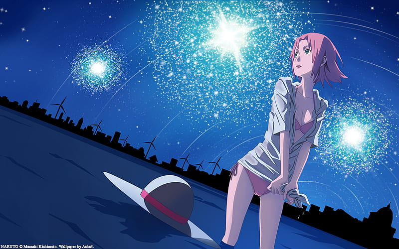 Sakura Haruno, stars, sakura, naruto, sky, strawhat, bikini, water, anime, fireworks, haruno, night, HD wallpaper