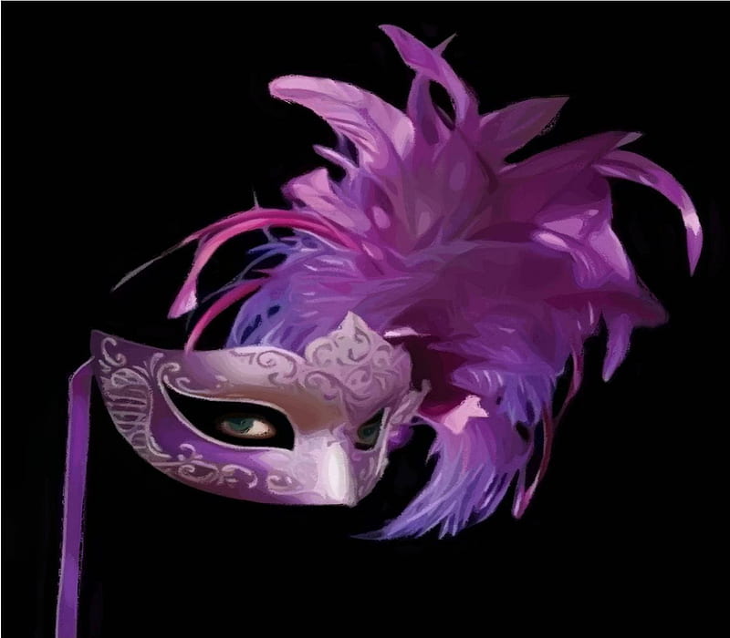Mysterious Mask, ornate face mask, eyes, shades of purple, feathers, HD wallpaper
