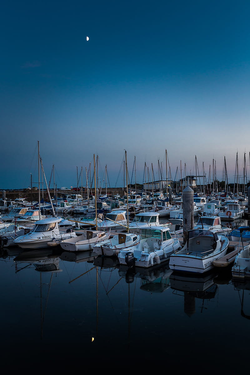 port, boats, pier, sea, night, HD phone wallpaper