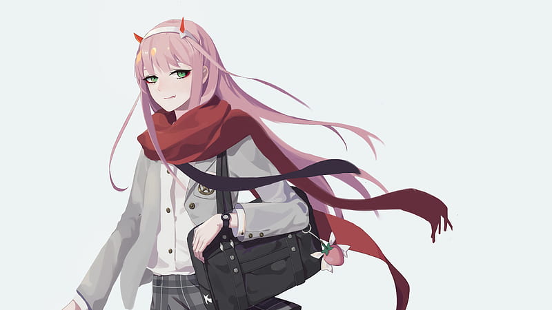 darling in the franxx zero two wearing uniform and red scarf with white background anime, HD wallpaper