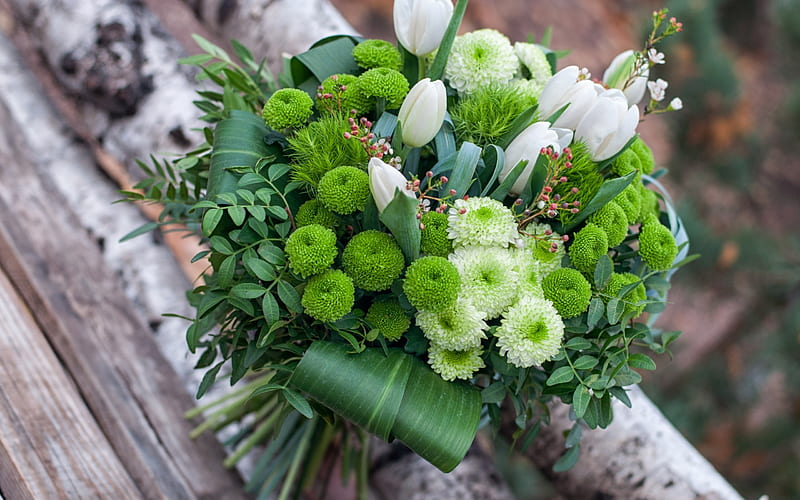 spring wedding bouquet, green flowers, chrysanthemum, green bouquet, white tulips, bouquet of bride, wedding concepts, HD wallpaper