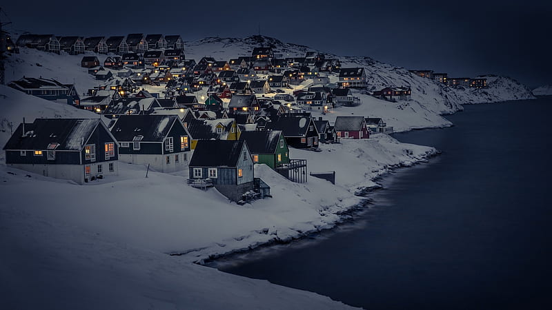 nordic village on a winter night, bayside, houses, village, lights, night, winter, HD wallpaper