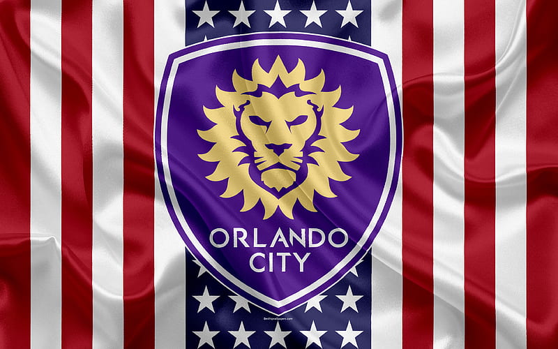 Orlando City SC logo, silk texture, American flag, emblem, football club, MLS, Orlando, Florida, USA, Major League Soccer, Eastern conference, HD wallpaper
