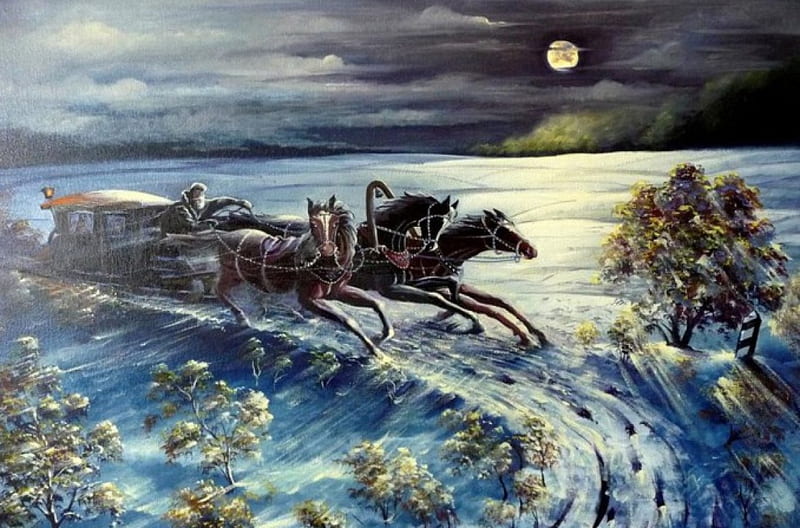 Night Rider, snow, cart, artwork, horses, winter, landscape, HD wallpaper
