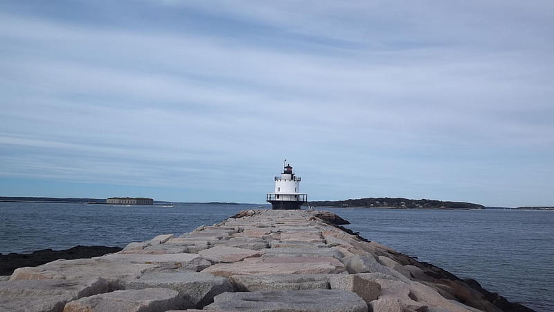 Spring Point Ledge Lighthouse South Portland, ME, water, sky, ocean, lighthouse, Maine, HD wallpaper