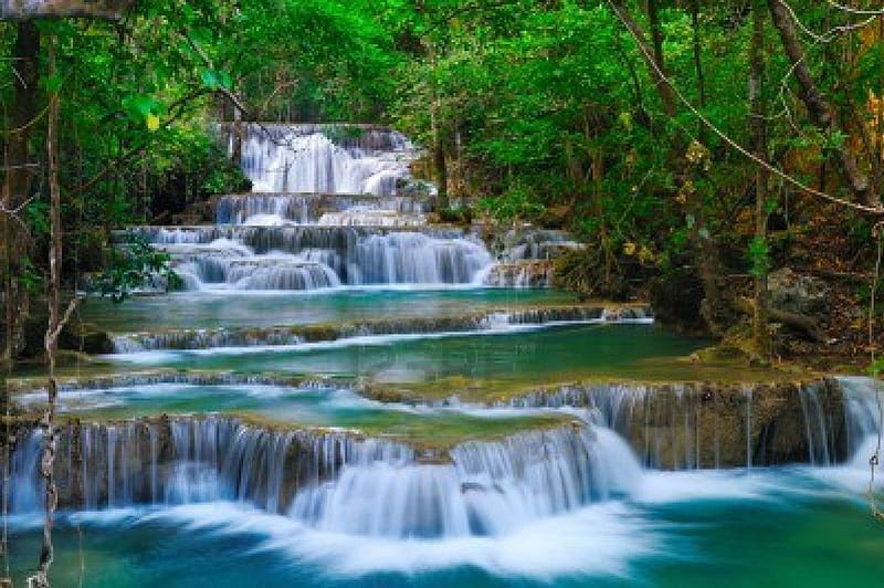 Kanchanaburi Waterfall, Thailand, cascades, water, green, river, trees, HD wallpaper