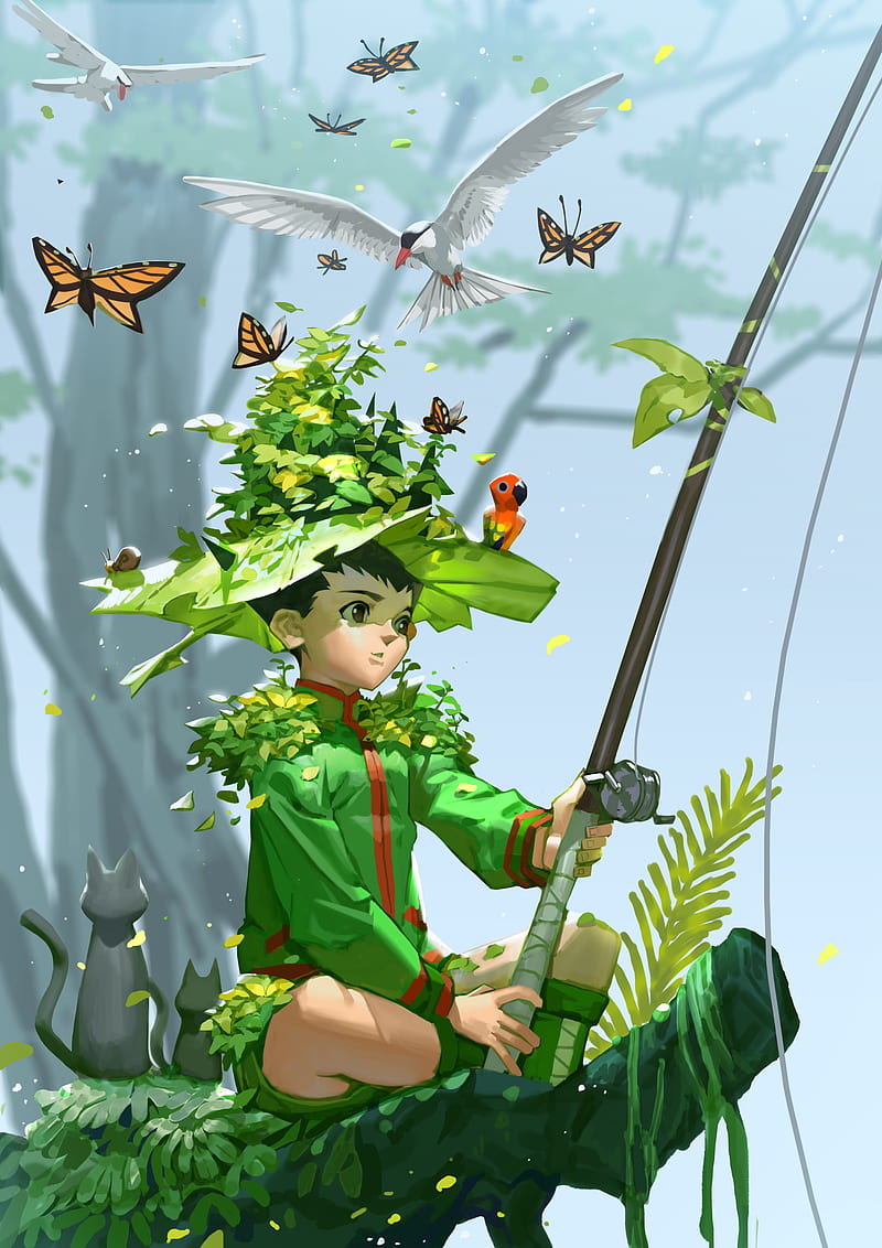 gon freaks, hunter x hunter, fishing, butterflies, artwork, Anime, HD phone wallpaper