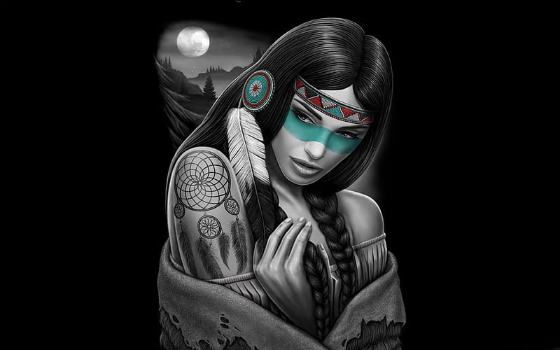 Beautiful Native Woman, moon, Native Woman, indigenous people, feather, face, bonito, Indian, digital art, HD wallpaper