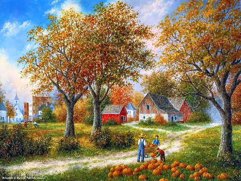 Harvest Time, autumn, house, painting, path, man, trees, artwork, pumpkins, HD wallpaper