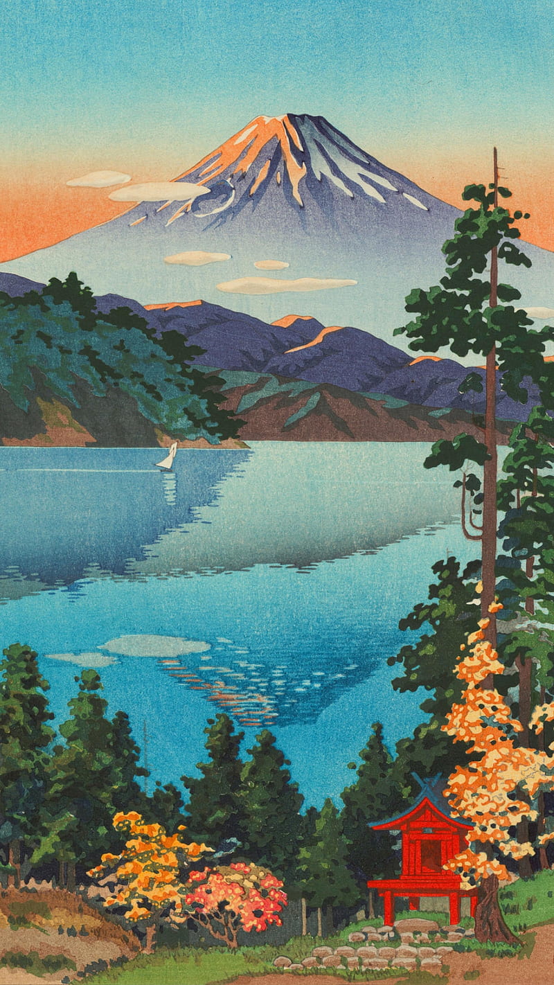 Japan art, artwork, asia, drawing, lake, landscape, mountain, nature, oriental, HD phone wallpaper