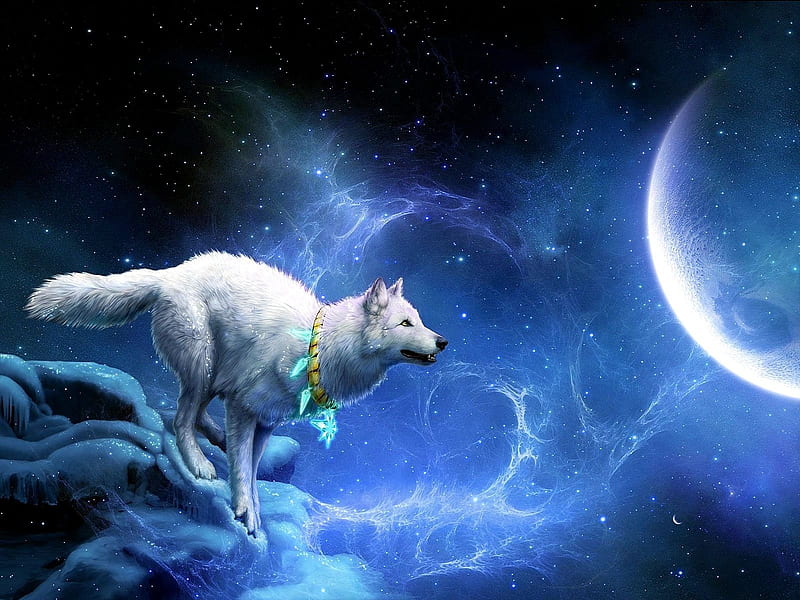 JUST A HOP,SKIP & JUMP AWAY...:-), stars, fantasy, moon, snow, amulet, white wolf, night, winter, HD wallpaper