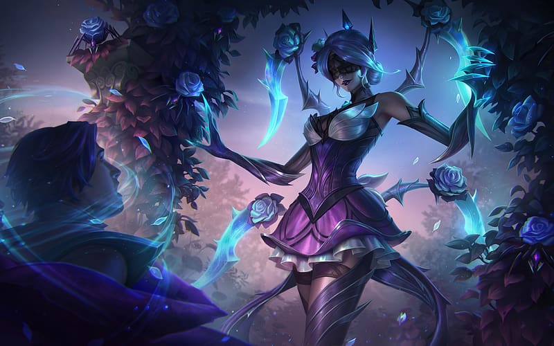 Withered Rose Elise, fantasy, league of legends, game, lol, girl, blue, man, purple, couple, HD wallpaper