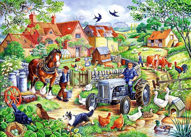 At the Farm, house, tractor, cow, hens, ducks, horse, artwork, animals, HD wallpaper