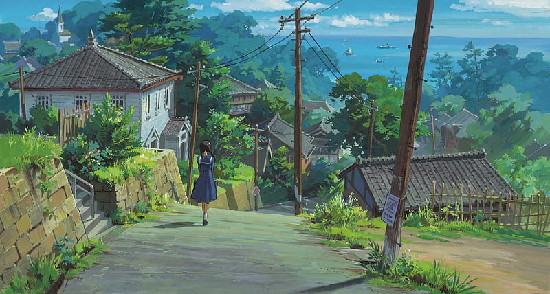 anime girl, village, walking, path, houses, sea, scenic, Anime, HD wallpaper
