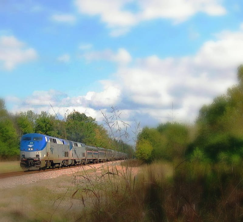 Traveling.., train, green, travel, clouds, abstract, blue, HD wallpaper