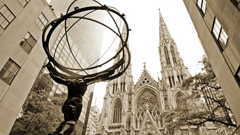 Atlas y la catedral de San Patricio de la ciudad de Nueva York, Nueva York,  Nueva York, Fondo de pantalla HD | Peakpx