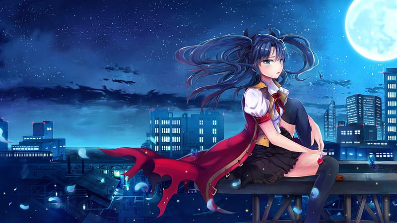 Under The Moonlight Pretty Moon City Girl Full Moon Anime Buildings Light Hd Wallpaper Peakpx