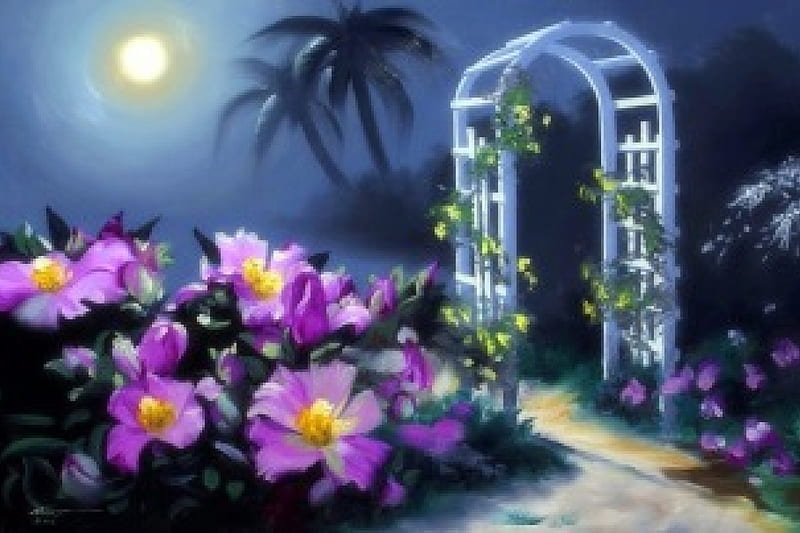 Moonlight Garden, moons, paintings, summer, flowers, love four seasons, garden, nature, attractions in dreams, HD wallpaper