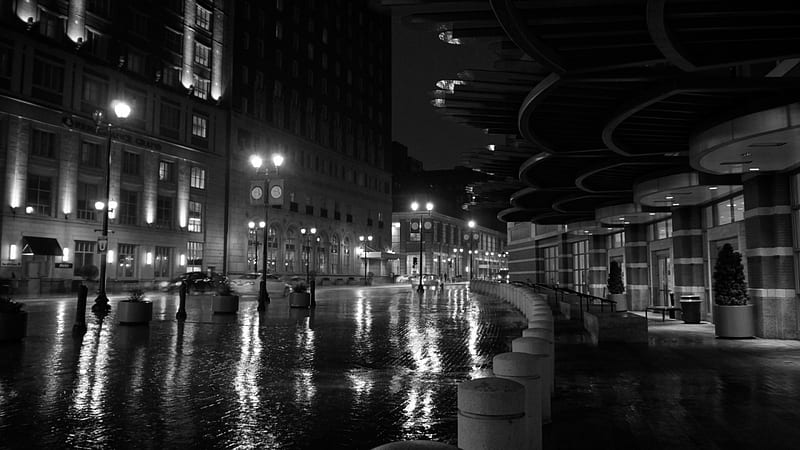 rainy night on a cobblestone street, city, black and white, cobblestones, rain, street, lights, night, HD wallpaper