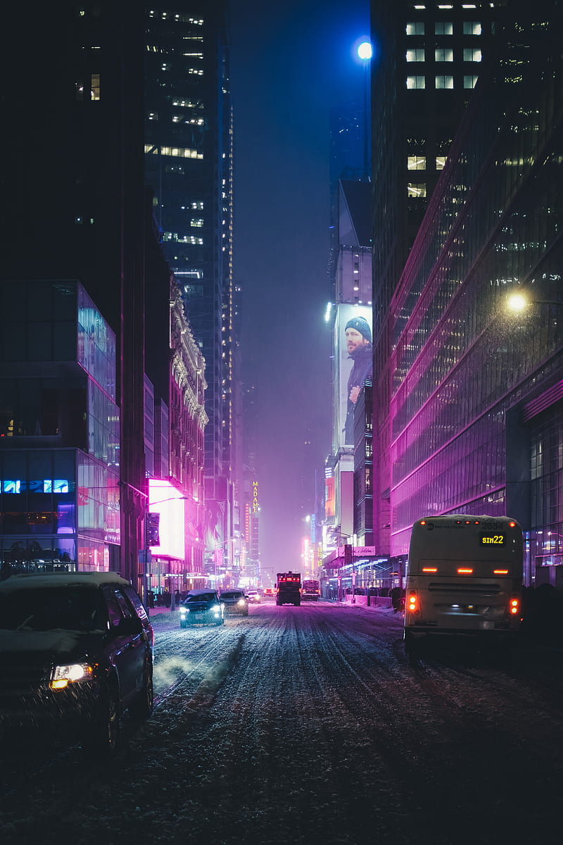 night city, street, skyscrapers, city lights, traffic, new york, usa, HD phone wallpaper